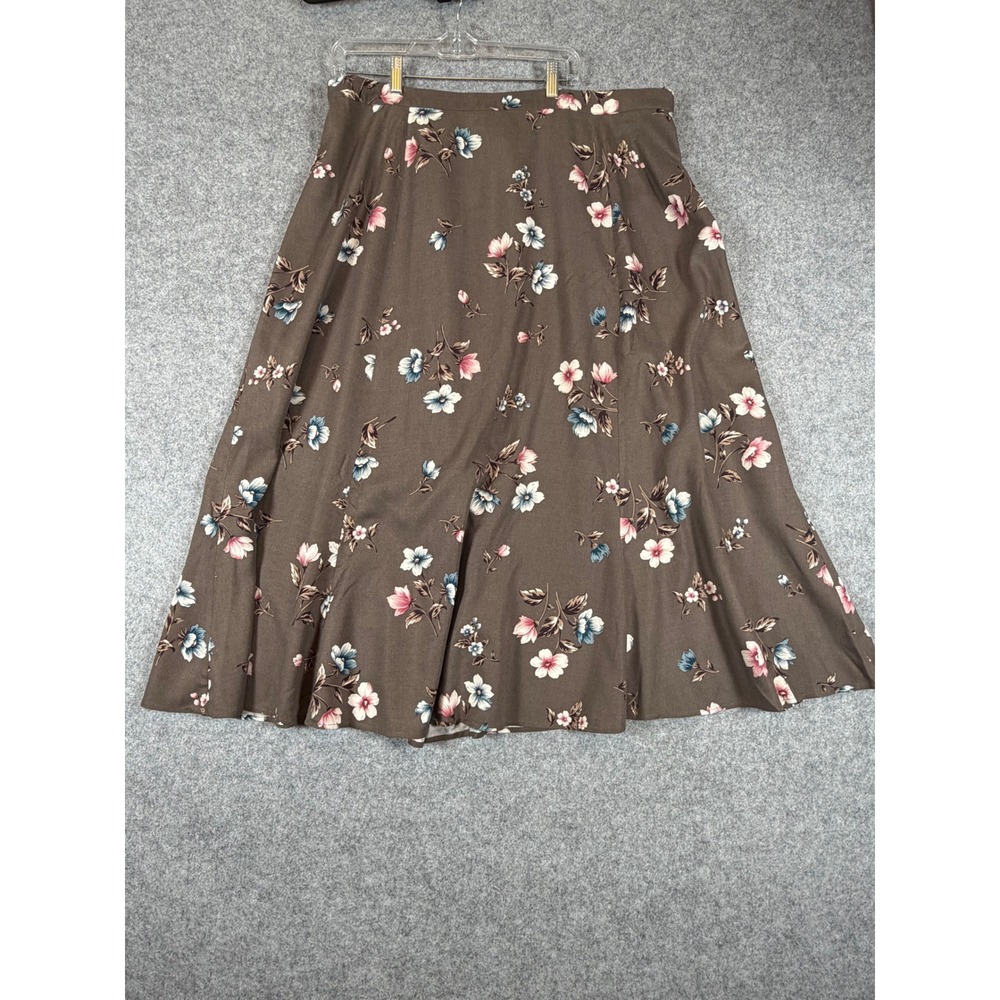 Kathryn Deene Floral Midi Skirt Womens 22/24 Brown Vintage A-Line Rayon Skirt